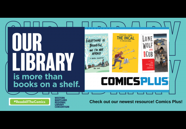Our Library logo with Comics Plus graphic